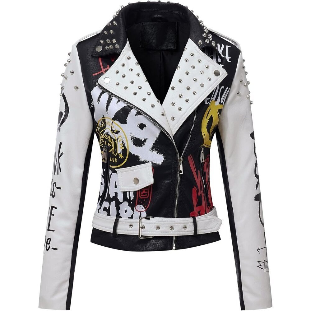 🆕 Women White Trendy Faux Leather Jacket Rivet Spring Winter Fashion Clothes